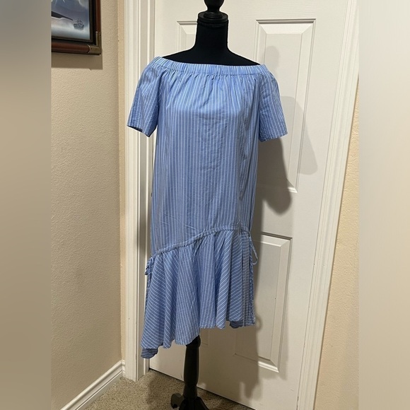 TOM GREYHOUND WOMENS OFF THE SHOULDER HIGH LOW BLUE STRIPED DRESS SIZE XS. - Picture 9 of 13